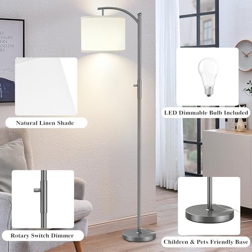 ROTTOGOON Dimmable Floor Lamp, Arc Floor Lamps for Living Room, Stepless Dimming Modern Standing Lamp with Linen Shade, Tall Lamp for Bedroom Office Dining Room- Grey - Image 6