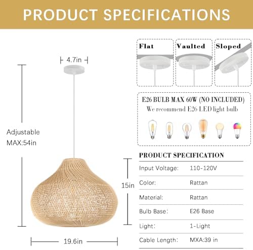 Large Rattan Pendant Light, 19.7" Rattan Boho Wicker Chandelier Hand-Woven Basket Pendant Light Fixtures for Dining Room Kitchen Island Living Room - Image 2