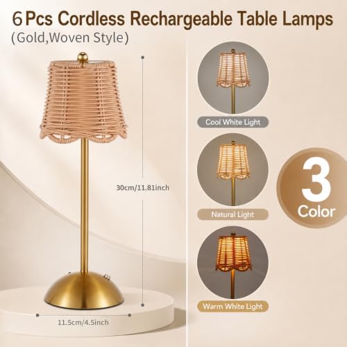 6 Pcs Cordless Table Lamp Rechargeable Touch Lamp Gold Woven - Image 2