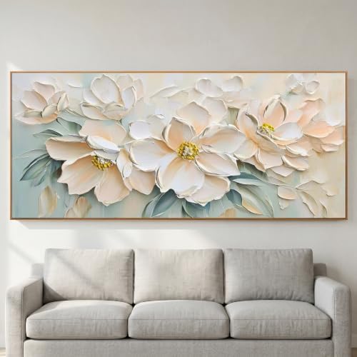 Anolyfi Framed White Floral Canvas Wall Art for Living Room Bedroom 71"x32" - Image 5
