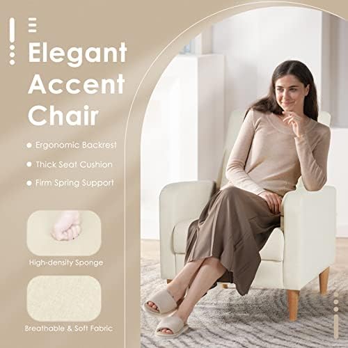 COLAMY Mid-Century Modern Accent Chair, Fabric Upholstered Living Room Chair with Back Pillow & Solid Wood Legs, Comfy Armchair for Living Room, Bedroom, Single Sofa, Beige - Image 4