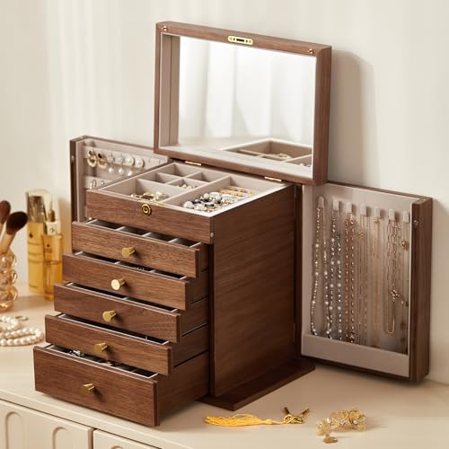 CHOSIN Black Walnut Wooden Jewelry Box for Women with Lock, Mirror, 6 Layer by CHOSIN