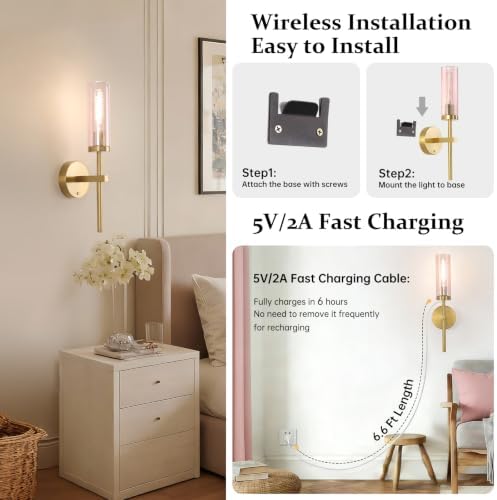 Shenmoyl Battery Operated Wall Sconces Set of 2, Gold Rechargeable Wall Lighting Fixtures, Dimmable Wall Lights with Remote & Pink Glass Shade for Living Room, Bathroom,Bedroom - Image 6