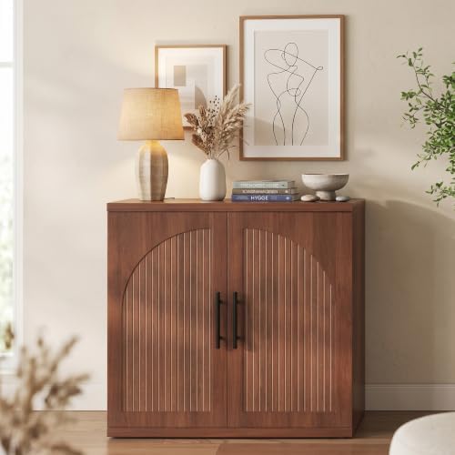 Jocoevol 31.5" Fluted Walnut Buffet Cabinet Sideboard with Storage, Small Sideboard Cabinet with 2 Doors, Wood Mid Century Modern Sideboard for Kitchen and Living Room (31.5" W*31.5" H*15.8" D) - Image 3