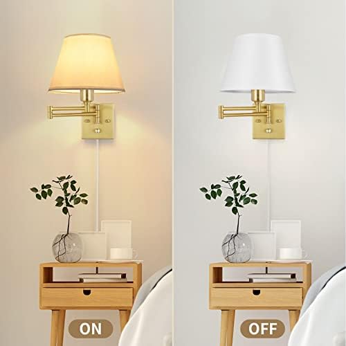 TRLIFE Wall Sconce Plug in, Brushed Brass Dimmable Wall Sconces Set of 2 Swing Arm Wall Lights with Plug in Cord and Dimmer On/Off Knob Switch, 9.4" Medium White Fabric Shade(2 LED Bulbs Included) - Image 5
