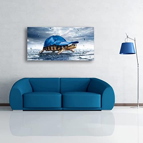 Haichuang Decor Art Funny Turtle Canvas Wall Art 40x20 Inches Framed Turtle with Blue Cap Wall Decor Wood Frame Waterproof HD Giclee Print Ready to Hang Humor Animal Artwork for Living Room Bedroom Bathroom - Image 5