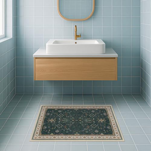 Dark Green Oushak 2x4 Entryway Rug - Modern Vintage Boho Eclectic Floral Pastel, Washable Low Pile Non-Slip Small Throw Area Rugs for Door Mat Indoor Entrance, Kitchen, Bathroom, Bedroom, Laundry - Image 2