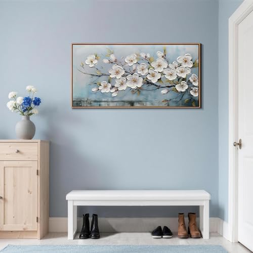 Anolyfi Framed Large Cherry Blossom Textured Flowers Wall Art for Living Room Canvas Painting, Modern Elegant Landscape Artwork for Bedroom Hallway Kitchen Office Home Decor, Wood Framed 40"x20" - Image 2
