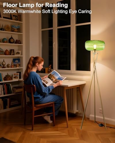 Lightdot Glass Tripod Floor Lamp for Living Room, Modern Gold Standing Lamp with Green Ribbed Glass Lampshade, Arc Tall Lamp for Bedroom Office Reading Room/Sofa Beside/Corner Decor (Bulb Included) - Image 2