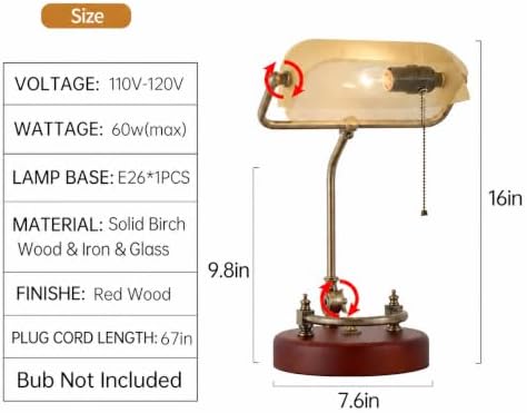 Bankers Lamp Traditional White Glass Desk Lamp Solid Wood Pull Chain Switch - Image 3