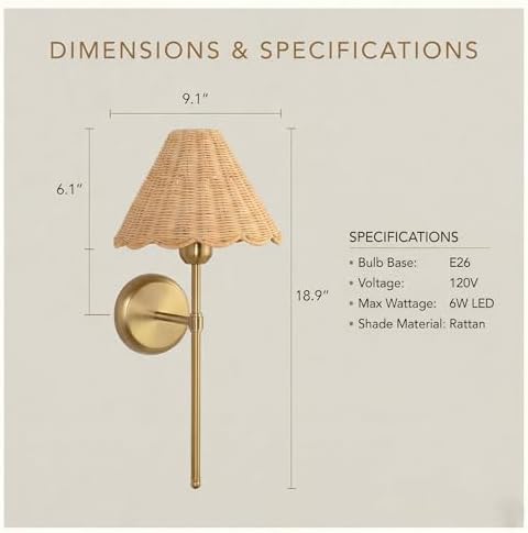 Rattan Wall Sconce Set of 2, Hardwired Boho Wall Sconces with Handwoven Rattan Shade, Gold Wall Lights for Bedroom, Bedside, Hallway, Living Room - Image 4