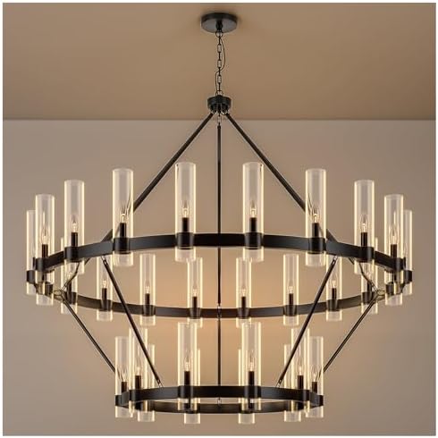60 Inch Black Wagon Wheel Chandelier 2 Tier with Glass Shade, 30 Lights, Modern Farmhouse Style, Ideal for Dining Room, Kitchen, Entryways by AEULYTIR