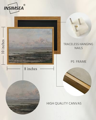 InSimSea Framed Canvas Wall Art, Vintage Coastal Landscape Painting, Rustic Nature Scenery Decor for Living Room Shelf Hallway, 10x8in, Soft Blue Tones - Image 5