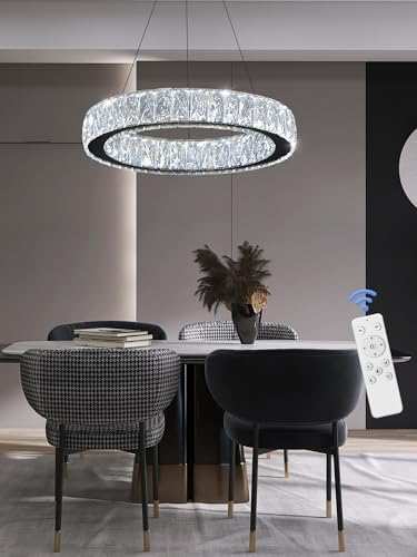 Modern 23.6'' Ring Crystal Chandelier Adjustable LED Ring Pendant Light Dimmable Black Round Crystal Chandelier Light for Dining Room Living Room - Image 6