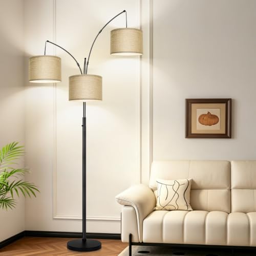 Nintiue Dimmable Floor Lamp, 3 Lights Black Arc Floor Lamp, Modern Tall Standing Tree Lamp with Champagne Linen Shades & Heavy Base, 3000LM LED Bulbs, Bright Lighting for Living Room, Bedroom, Office by Nintiue