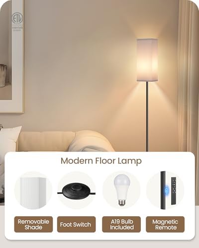 64.2” Dimmable Floor Lamp for Living Room with Remote and Foot Switch, Corner Floor Lamp for Bedroom, Includes 10W A19 Bulb, Modern Standing Tall Lamp, ETL Listed White and Black CW17LD05 - Image 7