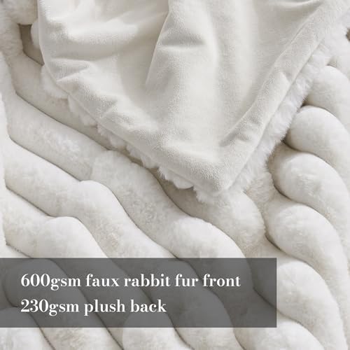 Amélie Home Soft Striped Faux Fur Throw Blanket for Bed, Ivory, 60"x80" - Image 3