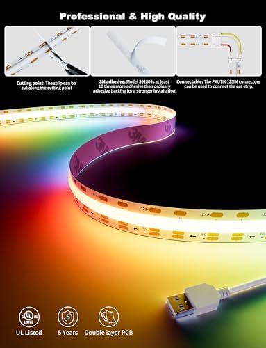 PAUTIX RGB Smart IC USB LED Light,5V RGB COB LED Strip USB Powered,UL-Listed Multicolor Flexible Tape Light 6.56ft/2m with Music Mode/APP Control,for TV,Scooter,Computer Desk Decor - Image 4