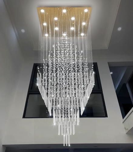 HAIXIANG W32 x H120 Glam Chandelier with LED Bulbs Square Chandeliers, Crystal Raindrop High Ceiling Pendant Light for Entrance Large Villa Foyer Lighting Fixtures Gold - Image 6