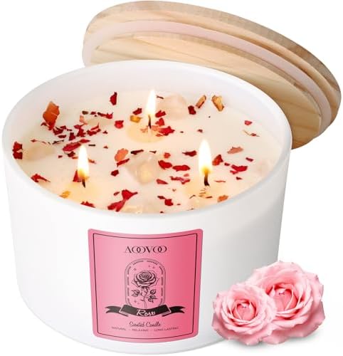 AOOVOO Rose Scented Candles for Women - 20oz 3 Wick Soy Candles for Home Scented, Aromatherapy Candle with Crystals Inside, Birthday Gifts Valentines Day Candle for Women Mom by AOOVOO