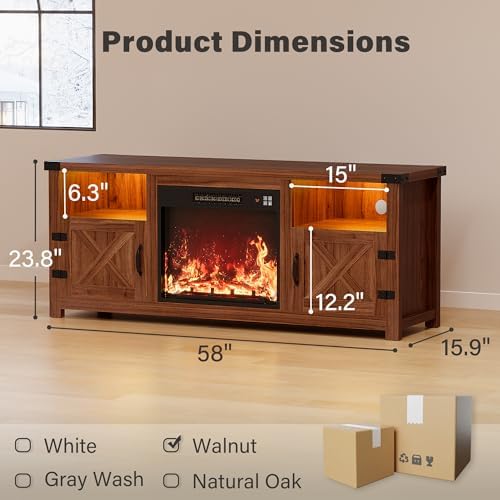 YESHOMY 58 Inch LED Fireplace TV Stand for TVs up to 65 Inch, Walnut - Image 6