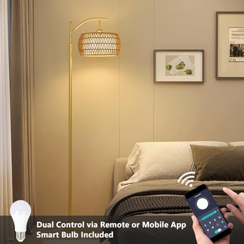 eyassi Arc Floor Lamp with 3 Color Temperatures, LED Gold Floor Lamp with Remote & Stepless Dimmable Bulb, Boho Standing Lamp with Rattan & Fabric Shades, Farmhouse Tall Lamp for Living Room Bedroom - Image 4