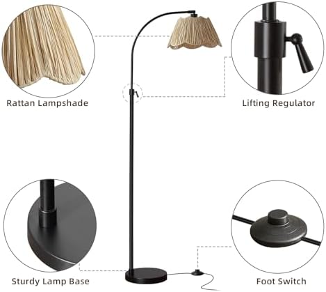 64'' Adjustable Arc Floor Lamp with Woven Pleated Shade, Black - Image 5