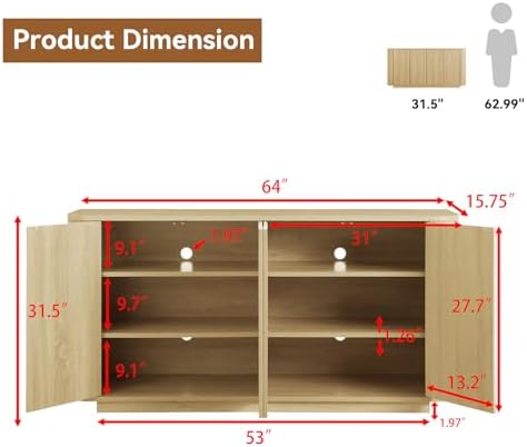 64" Fluted Buffet Cabinet with Storage, Natural Sideboard Cabinet - Image 2
