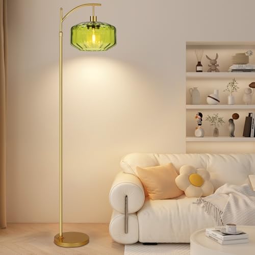 Gold Floor Lamps for Living Room Bedroom,Glass Floor Lamp with Remote Control & Green Lampshade,Arc Dimmable Floor Lamp Mid Century Modern Standing Lamp Vintage Tall Floor Lamps for Bedroom Corner - Image 7