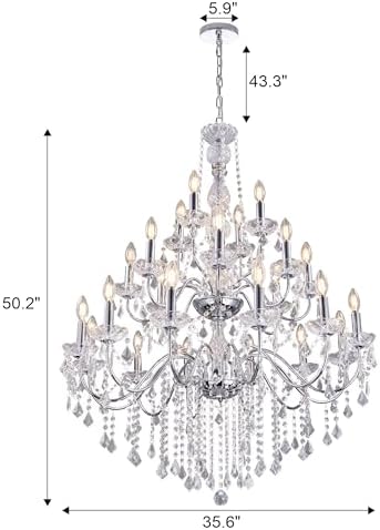 Wellmet Chrome Chandelier Light Fixture, Luxury Maria Theresa Crystal Chandeliers for High Ceiling Foyer, 24 Lights Hanging Pendant Light for Living Room EntryWay Hall Staircase Large 35.66" - Image 3