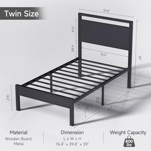 Z-hom Twin Metal Bed Frame with Wooden Headboard and Footboard, Heavy Duty Platform Frame with Metal Slats, No Box Spring Needed, Quiet and Non-Slip Design, Bed Storage for Small Bedroom,Black - Image 2