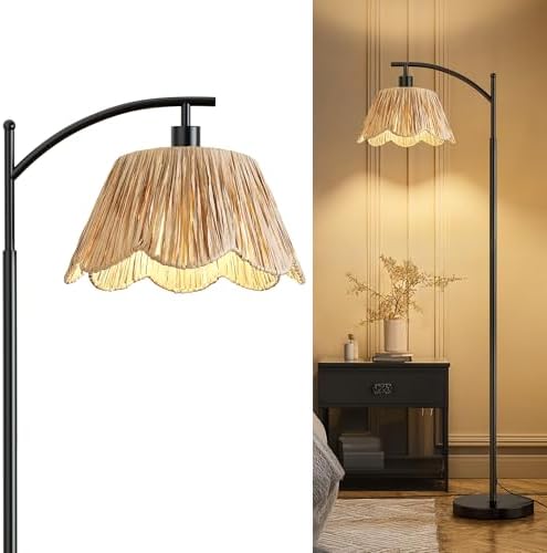 Oneach Arc Floor Lamp for Living Room,Rattan Boho Floor Lamp with Hand-Woven Shade, Foot Switch,Black Metal Base & Pole,Farmhouse Standing Lamp for Bedroom Corner,Reading by Oneach