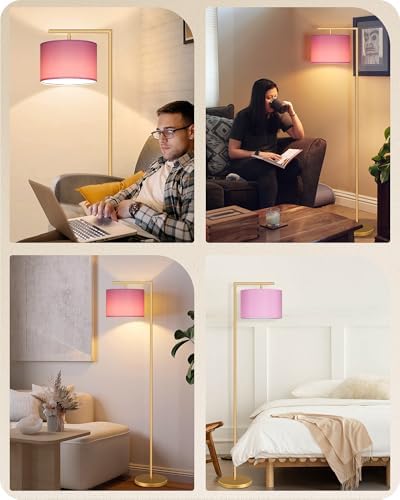 Modern Gold Arc Floor Lamp, Corner Tall Lamp with Remote, Arched Reading Light with Fabric Shade, Floor Lighting for Living Room, Bedroom, Office, Study, Pink, LED Bulb Included, DP11LD05 - Image 6