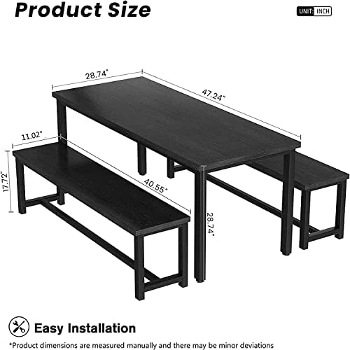 Dining Room Table Set with 2 Benches, Farmhouse Dining Table Set for 4-6, Wood Breakfast Table Set Dinner Table Set Kitchen Table and Chairs for Breakfast Nook Small Spaces, Black - Image 5