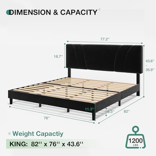 Novilla King Bed Frame and Headboard, King Bed Frame, Velvet Upholstered Bed Frames, No Box Spring Needed, Heavy Duty Feet, Easy Assembly, Black Velvet - Image 2