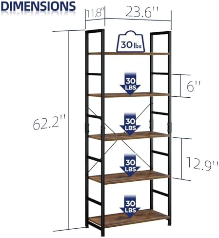 NUMENN 5 Tier Bookshelf, Tall Freestanding Open Storage Bookcase, Vintage - Image 3