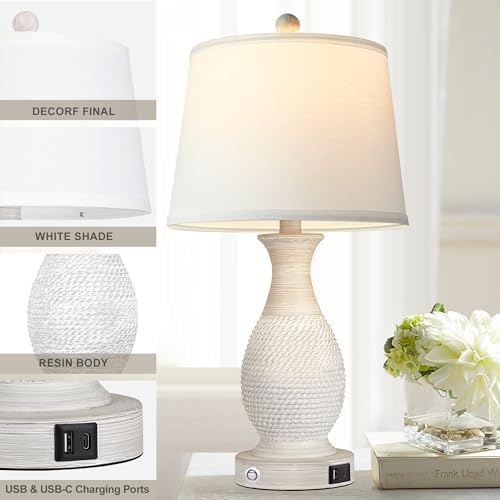 PARTPHONER Set of 2 Table Lamps with USB C+A Fast Charging Ports, 26" Tall Farmhouse Living Room Lamp with 3-Way Dimmable Nightstand Lamp White Fabric Shade for Living Room Bedroom Home Office - Image 6