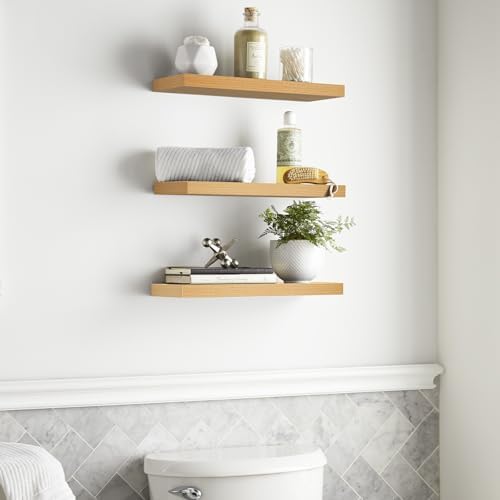 BAYKA Floating Shelves for Wall, Wall Mounted Rustic Wood Shelves for Bathroom, Bedroom, Living Room, Kitchen,Small Hanging Shelf for Books/Storage/Room Decor (Oak-Toned, Set of 3, 15.7in) - Image 6