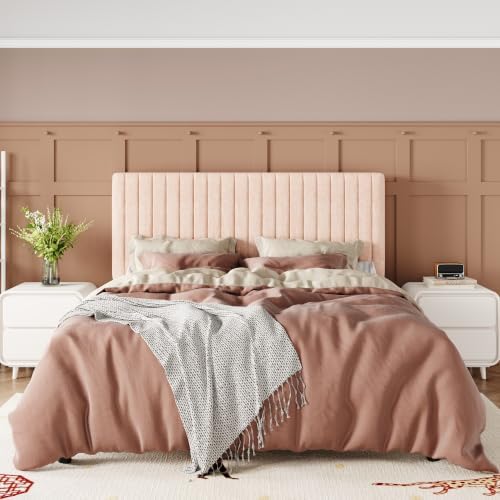 Allewie Full Bed Frame, Upholstered Platform Bed with Adjustable Vertical Channel Tufted Headboard, Mattress Foundation with Strong Wooden Slats, Box Spring Optional, Easy Assembly, Chenille Pink - Image 3