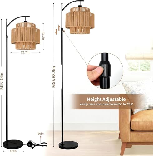 ILLMTW Rattan Floor Lamp for Living Room Bedroom Boho Arc Standing Lamp with Remote Dimmable Black Farmhouse Wicker Bamboo Lamp Shade Floor Light Tall Lamp Industrial Floor Lamps Bohemian Decor - Image 5