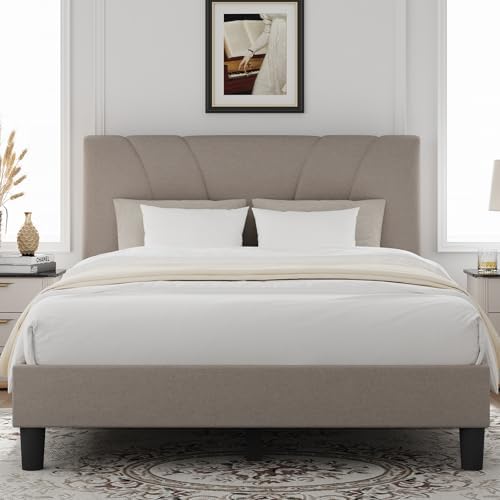 Novilla Full Size Bed Frame with Adjustable Headboard Platform Full Bed Frame with Linen Fabric Upholstered Headboard, No Box Spring Needed, Noise-Free, Wooden Slats Support, Easy Assembly, Beige by Novilla
