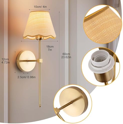 ADISUN Battery Operated Wall Sconce Set of 2, Gold Wall Lamps Rechargeable Bulbs for Living Room, Rattan Shade Wireless Wall Lights for Bedroom Living Room Hallway Kitchen(2 Bulbs Included) - Image 2