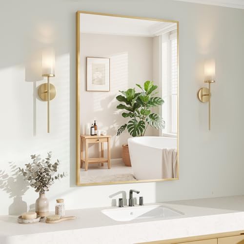 Koonmi Gold Mirrors for Wall, 24x36 Inch Bathroom Mirror, Rectangular Wall Mirror for Living Room Bedroom Bathroom, Hangs Horizontally or Vertically by KOONMI