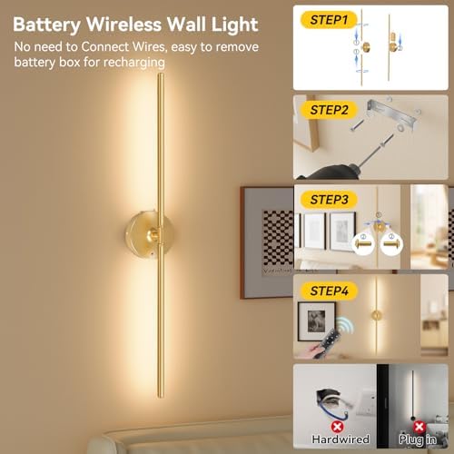 Battery Operated Wall Sconces Set of 2, Remote Control, 8000mAh, Gold - Image 4