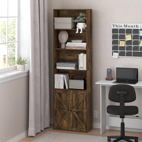 Furinno Jensen Farmhouse Style 6-Tier Book Shelf with Doors, Amber Pine - Image 2