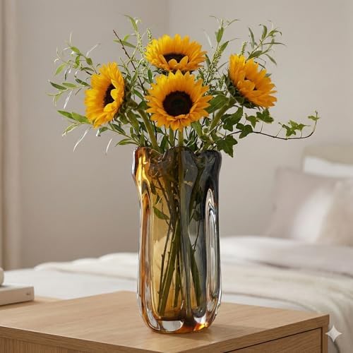 Large Hand Blown Glass Flower vases, Unique Amber Glass vases, Murano Style Wide Mouth vases, Modern Art Decor for Home Living Room, Office, Table centerpieces, Bookshelves and Wedding Decorations - Image 4