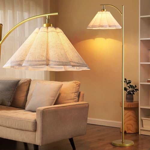 Floor Lamp with Pleated Linen Lampshade, Modern Flower Floor Lamp for Living Room Arc Standing Lamp, Gold Tall Lamp for Bedroom Office Dining Room, E26 Bulb Included by Unknown