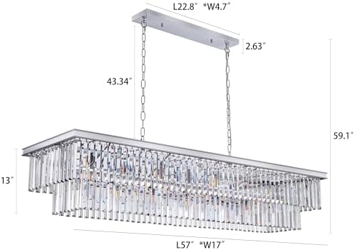 Wellmet Chrome Chandelier 57 inch, 13-Light Modern Rectangular Crystal Chandelier Ceiling Hanging, Linear Chandeliers Light Fixture for Living Room, Dining Room, Bedroom, Kitchen Island - Image 3