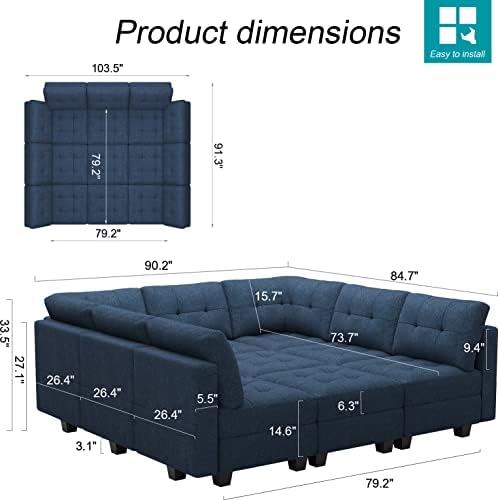 Belffin Modular Sectional Sleeper Sofa with Storage Oversized 9 Seat Modular Sofa Bed for Living Room Blue - Image 2