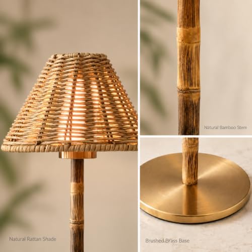 Bamboo Cordless LED Table Lamp – Rechargeable 24-Hour Battery, Dimmable Warm Light, Portable Wireless Lamp with Remote for Indoor/Outdoor Use, Home, Patio, Restaurant – (NATURAL RATTAN), 14.95" Tall - Image 4